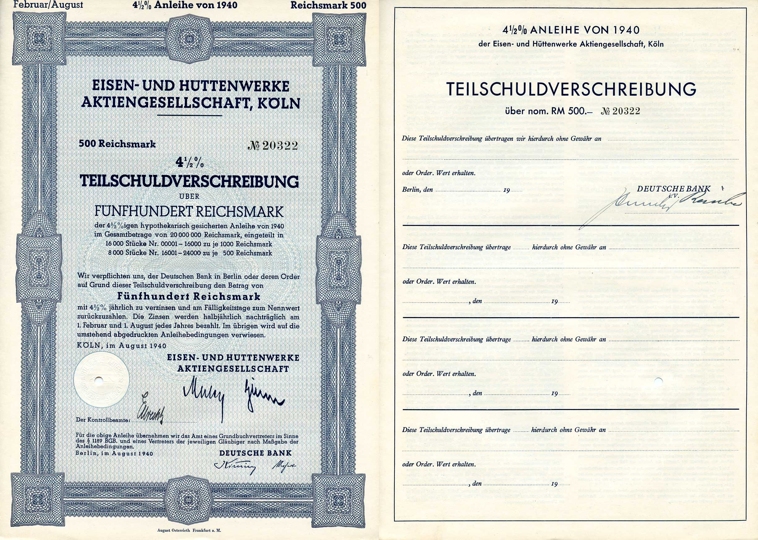 Германия 500 рейхсмарок 1940 АО металлургических и металлургических заводов, Кельн, 4-1/2% частичное обязательство, облигация   бумага   8801-89-1