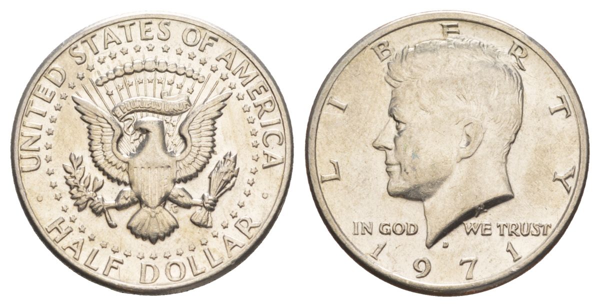США 1/2 доллара (50 центов) 1971 D, Джон Кеннеди KM 202b медь плакированная медно-никелем aUNC 88-544
