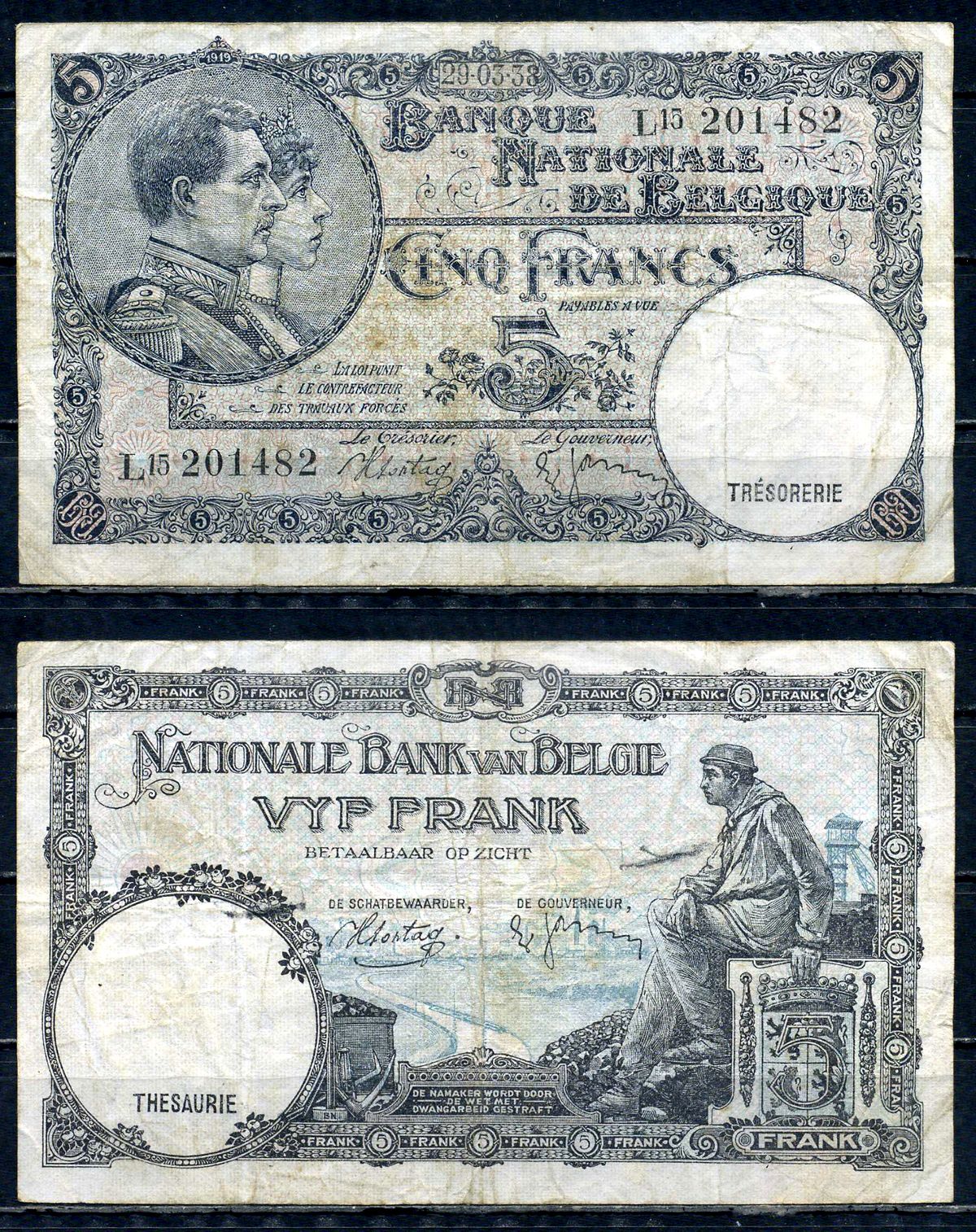 Бельгия 5 франков 1938 29.03.1938, Король Альберт I и его жена Королева Елизавета, Гран-Плас / Гроте Маркт, Брюссель Pick 108 a бумага 6301-13-1-2