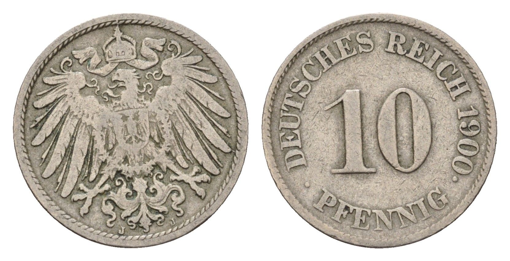 Германия 10 пфеннигов 1900 J, Вильгельм II (1888-1918) KM 12, J. 13 медно-никель 4636-816