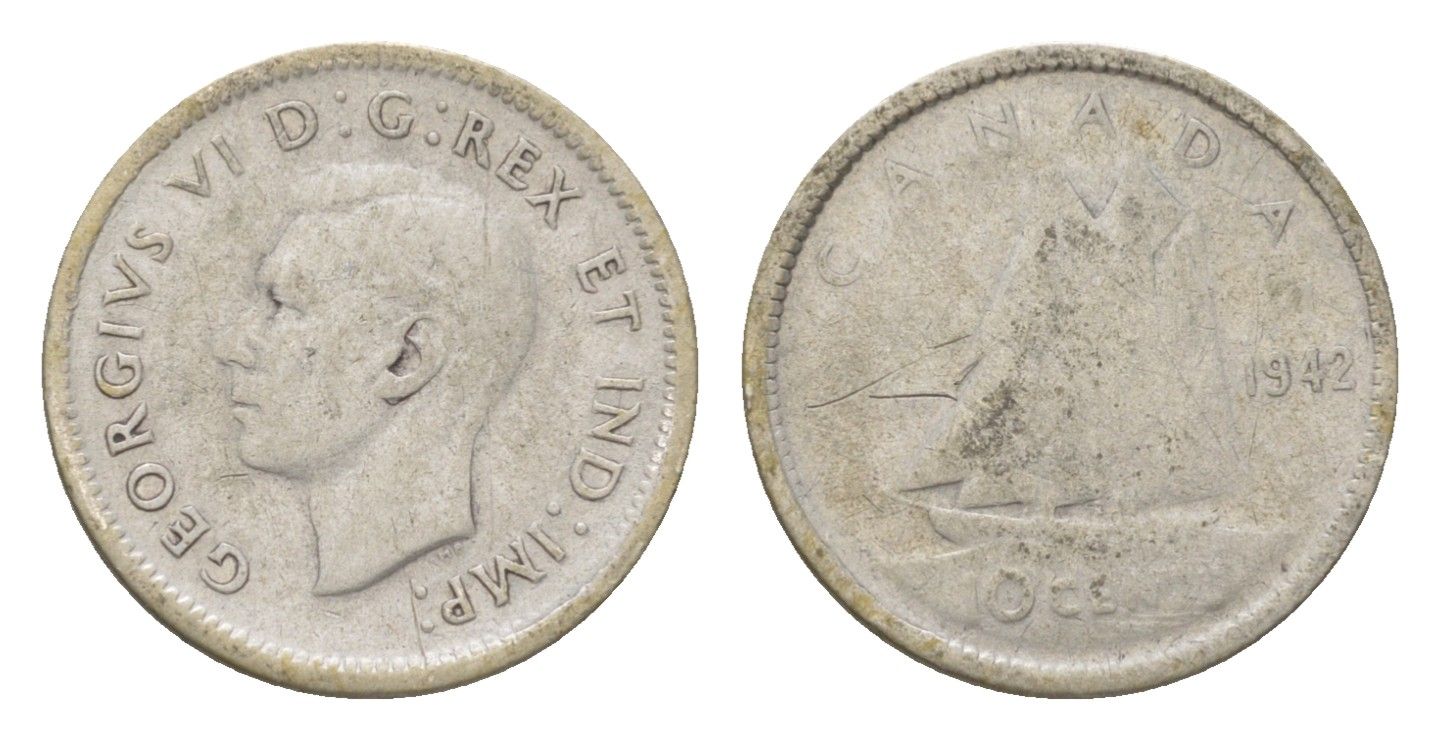 Канада 10 центов 1942 Георг VI (1936-1952) KM 34 серебро 4623-861