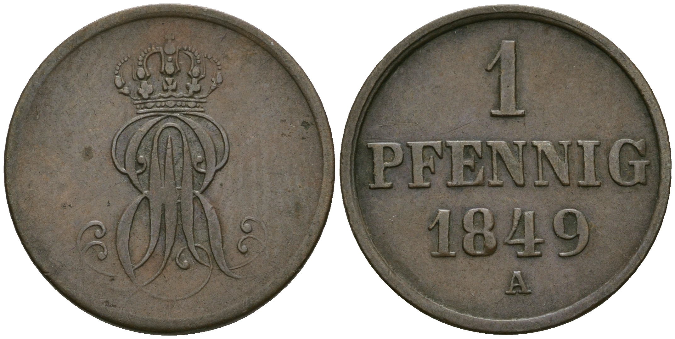 Ганновер 1 пфенниг 1849 A, Эрнст Август (1837-1851) KM 201.2, AKS 130, J. 74 медь 4608-1047