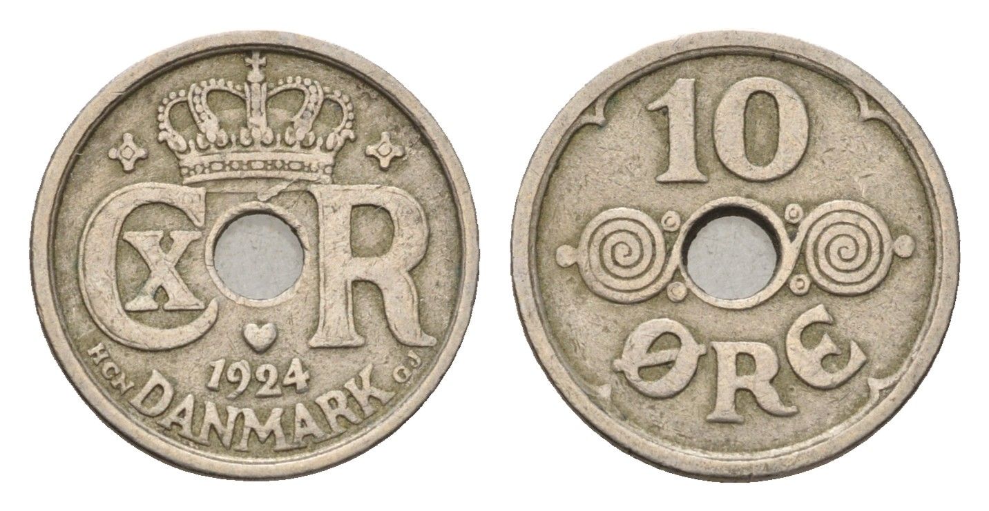 Дания 10 эре 1924 NCH, Кристиан X (1912-1947) KM 822 медно-никель 4701-925