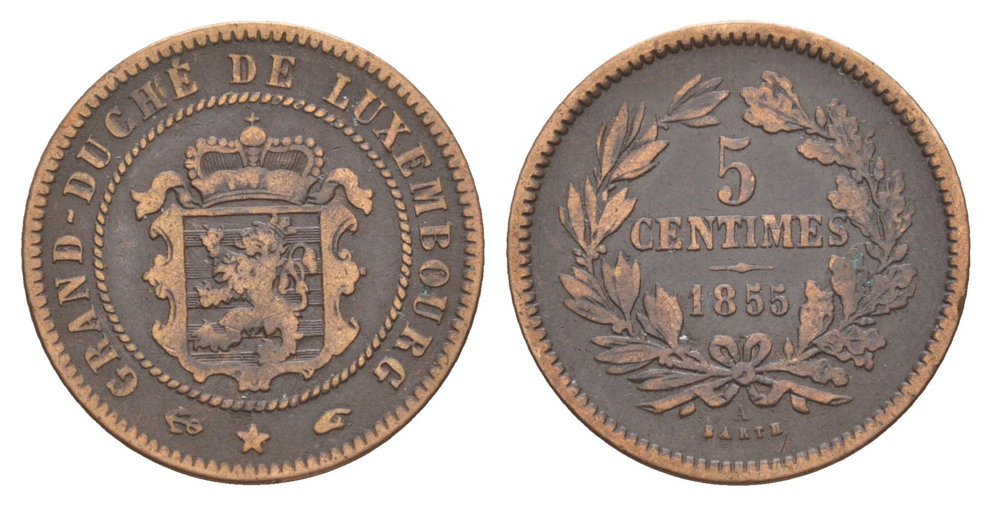 Люксембург 5 сантимов 1855 A, Виллем III (1849-1890) KM 22 бронза 4654-537