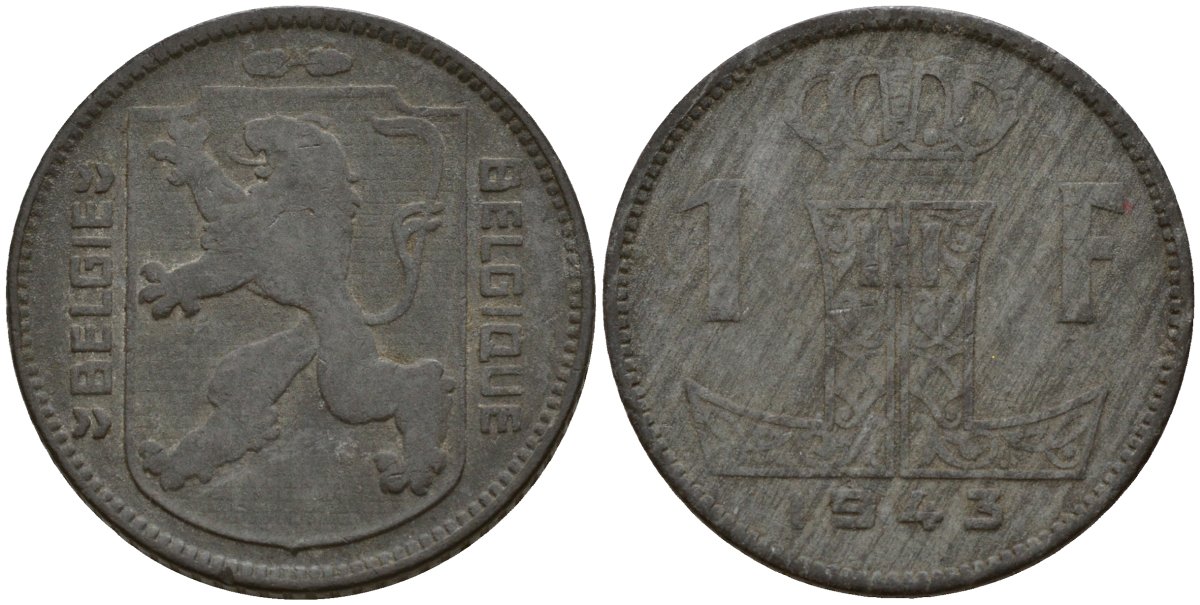 Бельгия 1 франк 1943 Belgique - Belgie, Леопольд III (1934-1947), германская оккупация, Вторая мировая война KM 127 цинк 4161-513