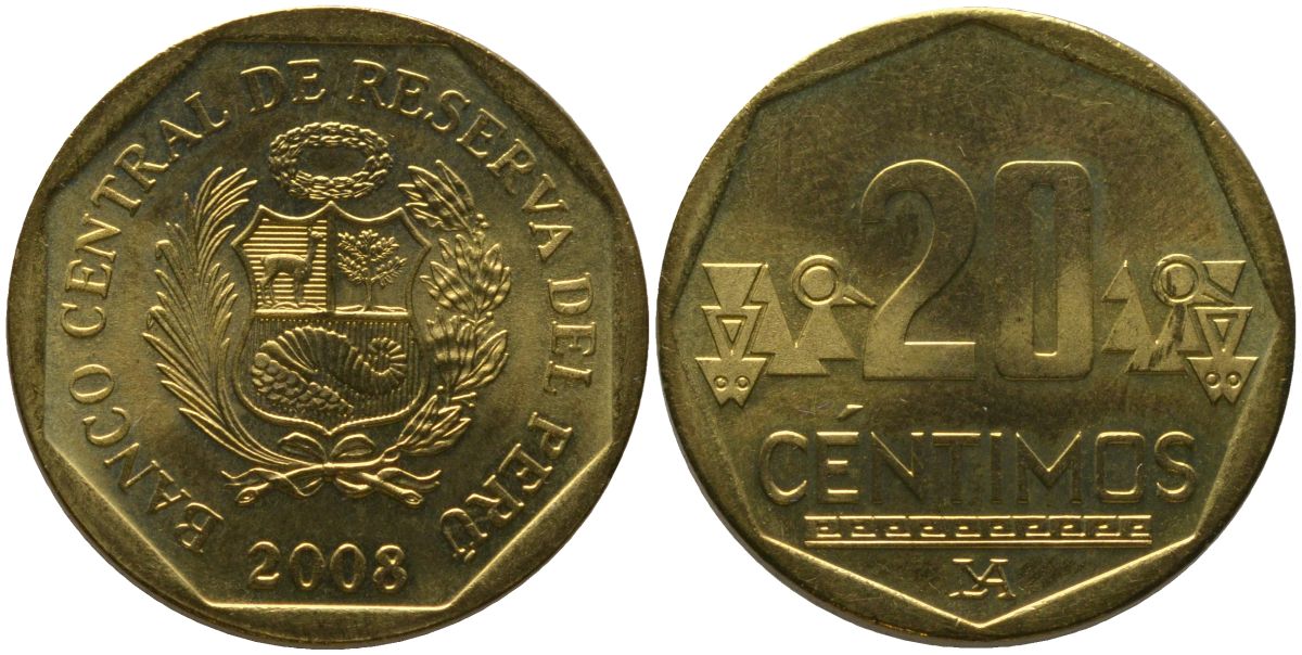 Перу 20 сентимо 2008 LIMA KM 306.4, Schon 105 латунь UNC 4543-1156