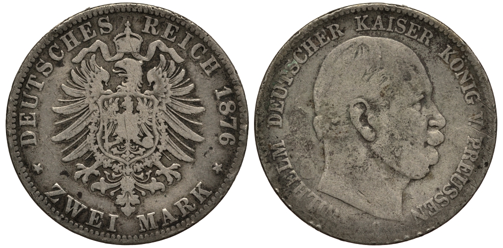 Пруссия 2 марки 1876 C, Вильгельм I (1861-1888) Weege 96, J. 96, KM 506 серебро 3711-644