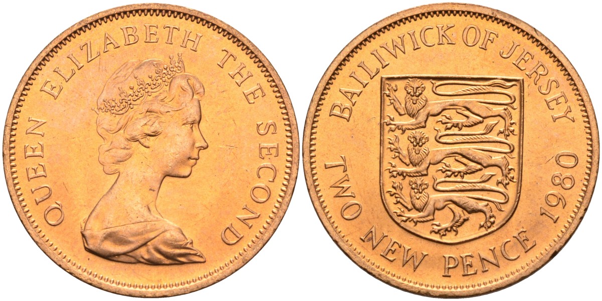 Джерси 2 пенса 1980 герб, Елизавета II (1952-) KM 31 бронза UNC 4583-131