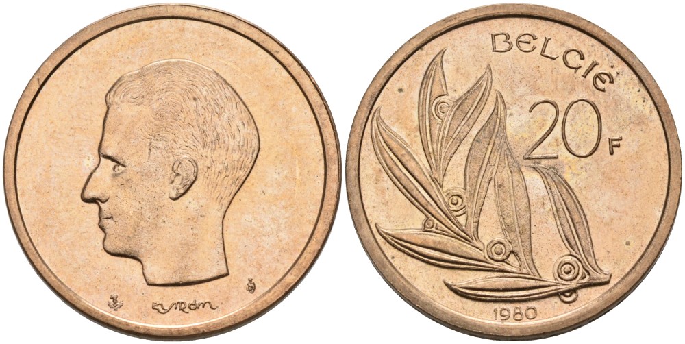 Бельгия 20 франков 1980 Belgie KM 160 никель бронза UNC 189-936