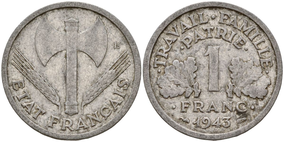 Франция 1 франк 1943 правительство Виши KM 902.1, Le Franc алюминий 4126-651