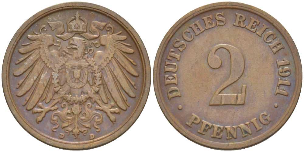 ГЕРМАНИЯ 2 ПФЕННИГА 1911 D KM 16, J. 11, Weege 4 медь 206-563