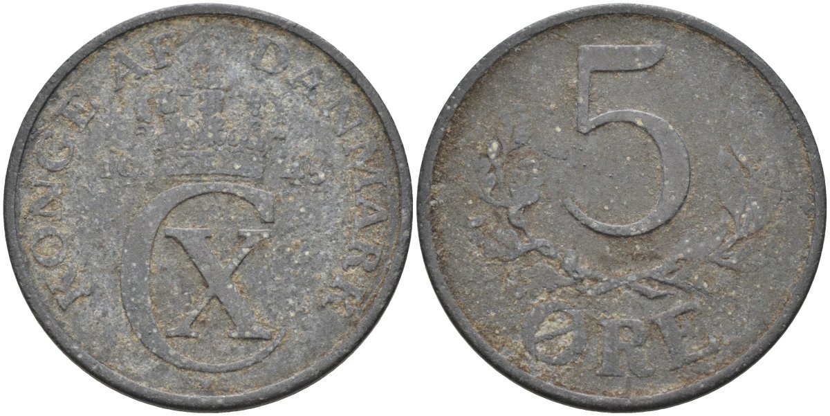 Дания 5 эре 1945 Кристиан X (1912-1947) KM 834a цинк 4591-947