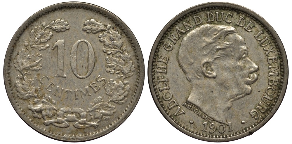 ЛЮКСЕМБУРГ 10 САНТИМОВ 1901 ВЕЛИКИЙ ГЕРЦОГ АДОЛЬФ (1890-1905) КМ 25 медно-никель 4538-725
