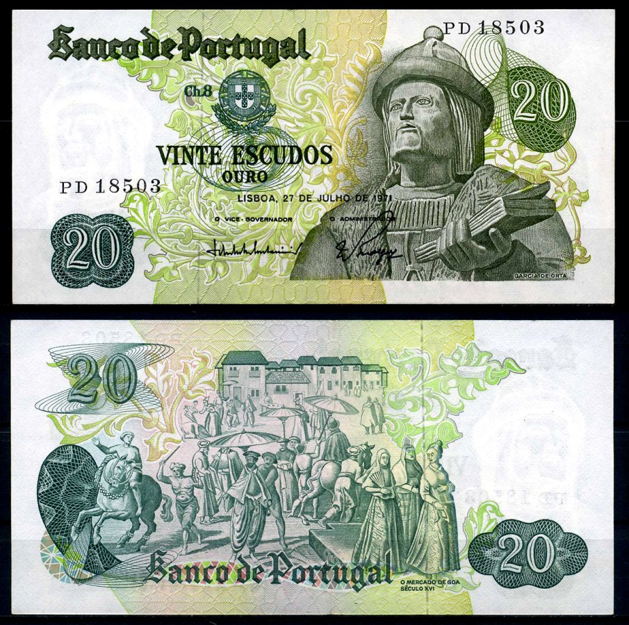 Португалия 20 эскудо 1971 27 июля 1971, Гарсия Де Орта, signatures: Jos? da Silva Lopes & Walter Waldemar Pego Marques Pick 173(1) бумага 7204-33-1-2