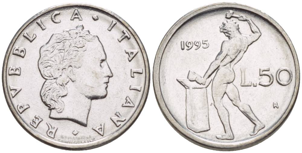 ИТАЛИЯ 50 ЛИР 1995 R, БОГ ОГНЯ ВУЛКАН У НАКОВАЛЬНИ, ДИАМЕТР 17 ММ. KM 95.2 нержавеющая сталь UNC 4551-431