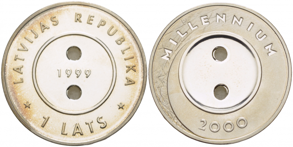 Латвия 1 лат 1999 Миллениум, монета необычной формы, в виде пуговицы, тираж 35000 экз. KM 39 серебро PROOF 1085-10-11