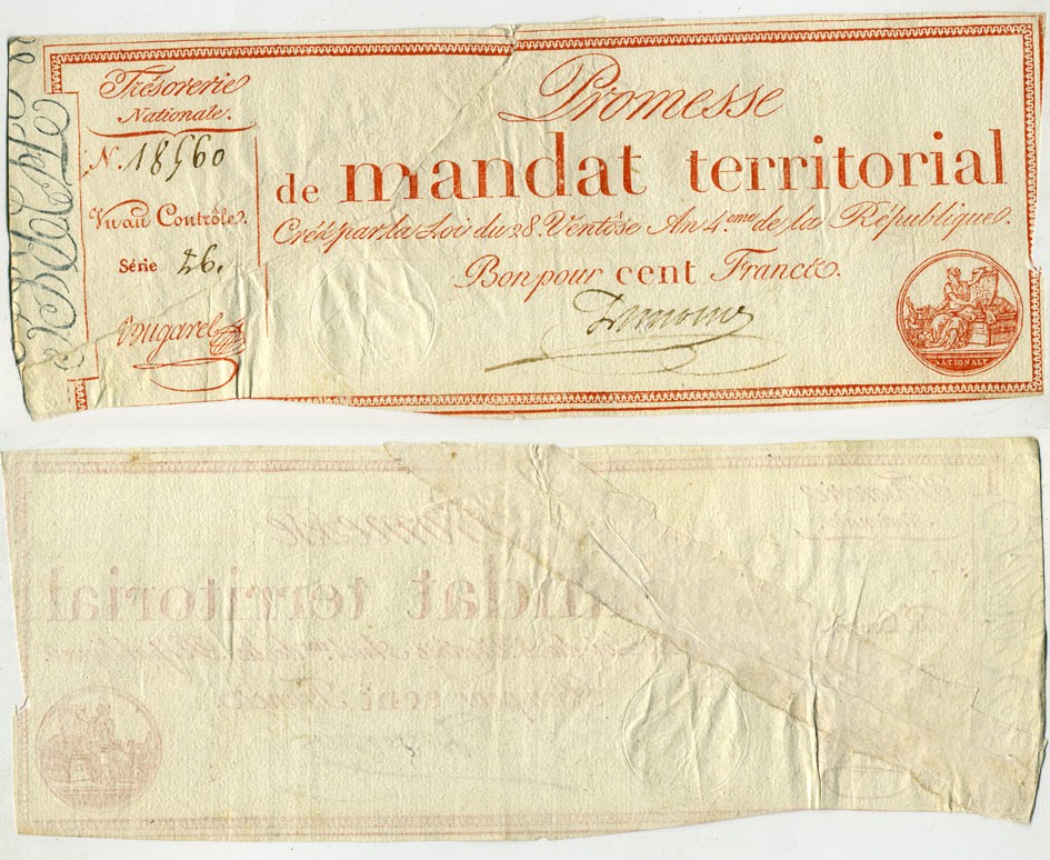 ФРАНЦИЯ 100 ФРАНКОВ 1796 4 ГОД РЕСПУБЛИКИ, СКЛЕЕННАЯ Pick A84b бумага 6289-49-1