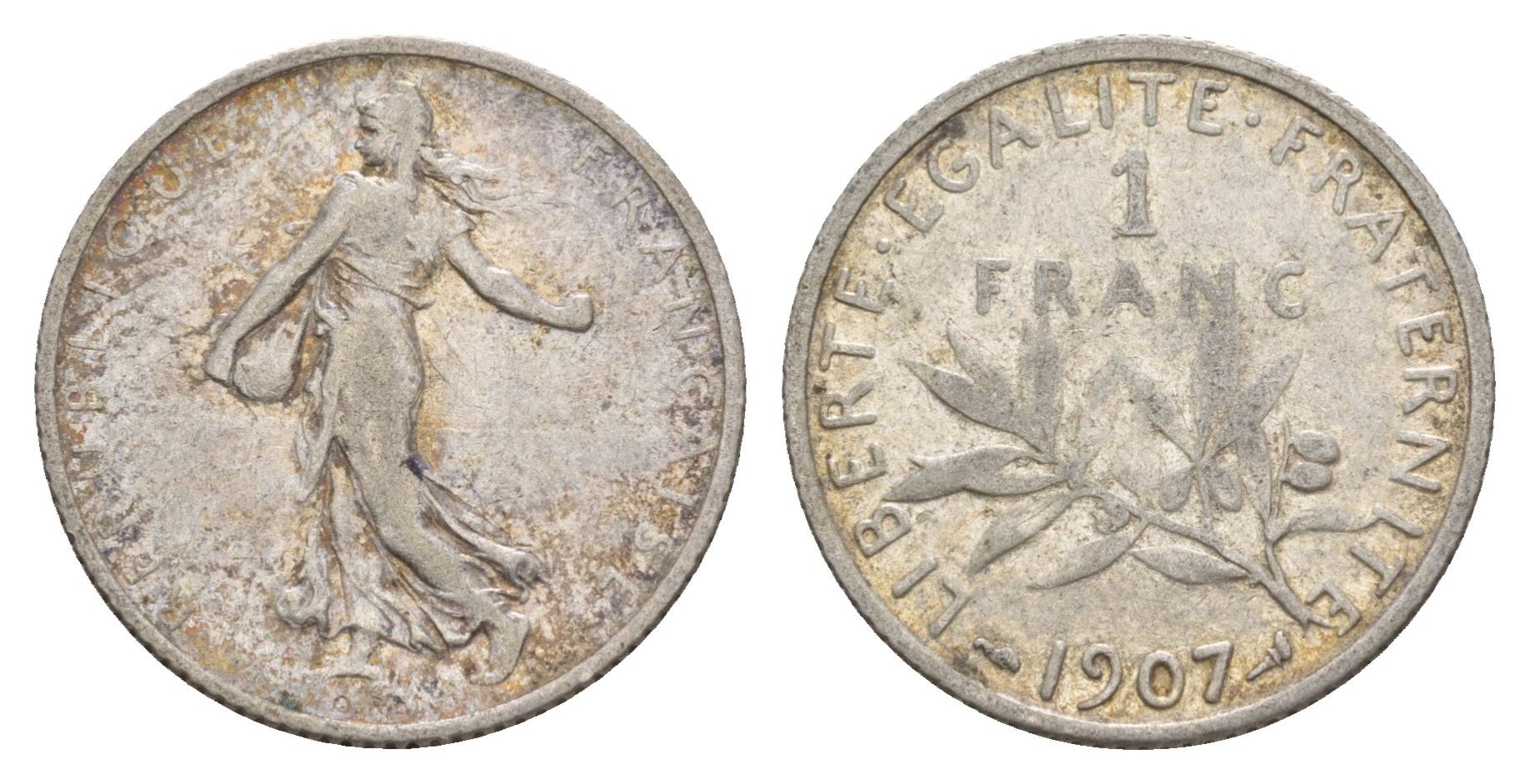 Франция 1 франк 1907 KM 844 серебро 00-00
