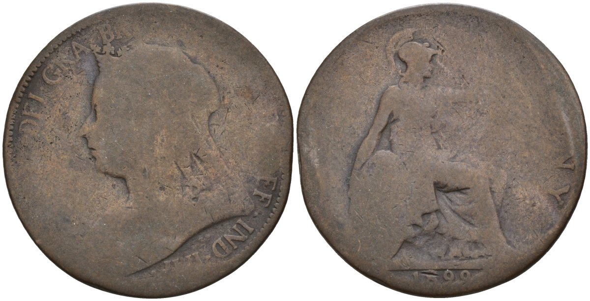 Великобритания 1/2 пенни 1899 Виктория (1837-1901) KM 789, Spink 3962 бронза 4143-636