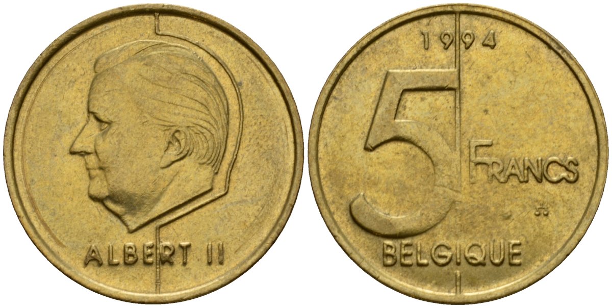 Бельгия 5 франков 1994 Belgique, Альберт II (1994-2013) KM 189 алюминиевая бронза 4601-222