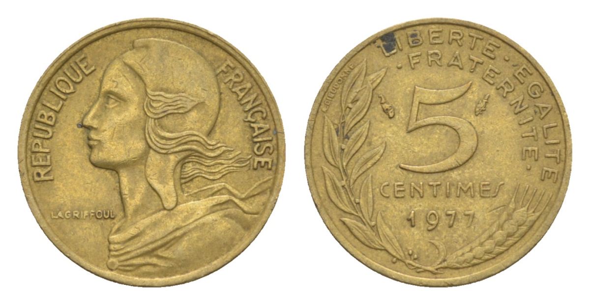 Франция 5 сантимов 1977 тип Morlon KM 933, Le Franc 125.13 алюминиевая бронза 4630-332