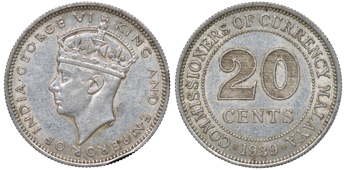 Британская Малайя 20 центов 1939 Георг VI (1937-1952) KM 5 серебро 53-314
