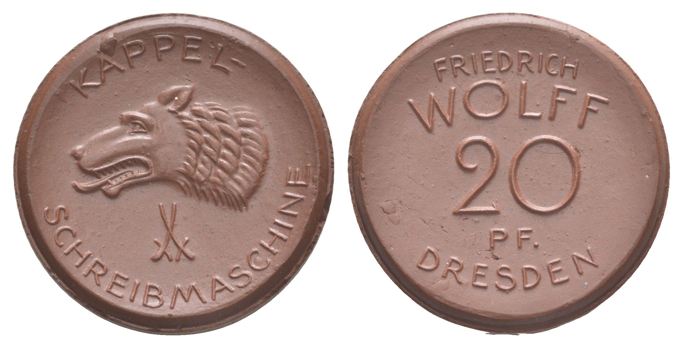 Дрезден 20 пфеннигов ND (1920) Фридрих Вольф Men05 5620.3, Men18 7015.5, Scheuch 284a фарфор 1094-10-25