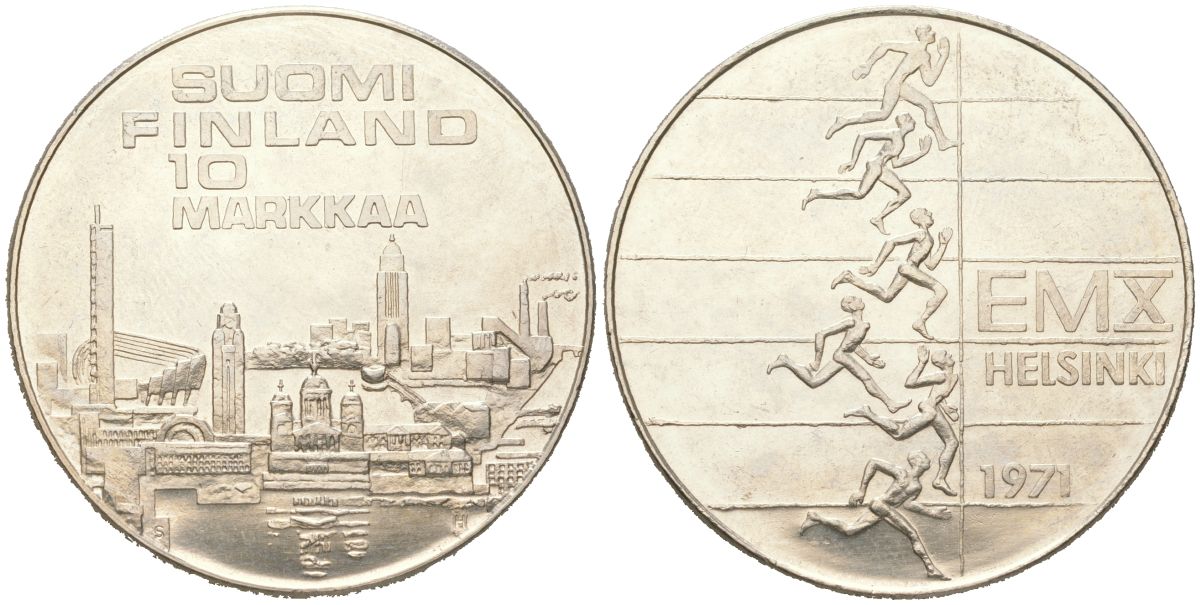 Финляндия 10 марок 1971 X Чемпионат Европы по легкой атлетике KM 52 серебро BU 4125-1215