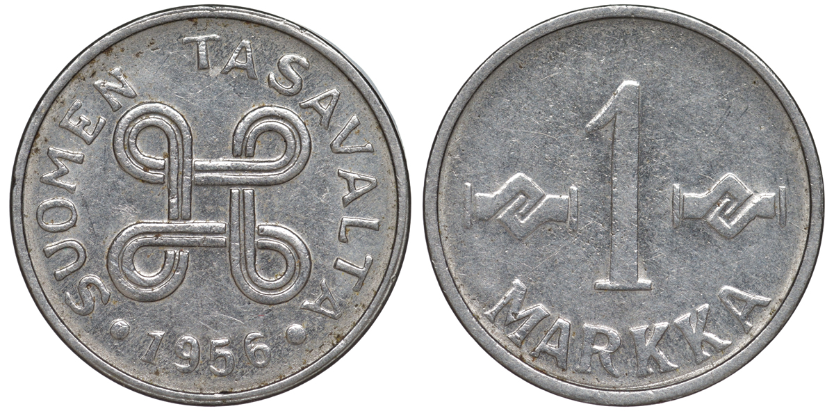 ФИНЛЯНДИЯ 1 МАРКА 1956 KM 36а железо плакированное никелем 3334-1237