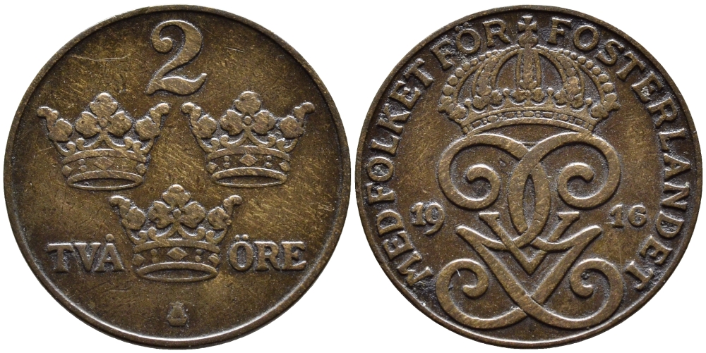 Швеция 2 эре 1916 Густав V (1907-1950), короткая 6 KM 778 бронза 80-447