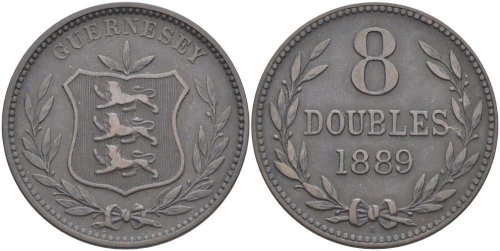 Гернси 8 даблов (дублей) 1889 KM 7 бронза 3996-526