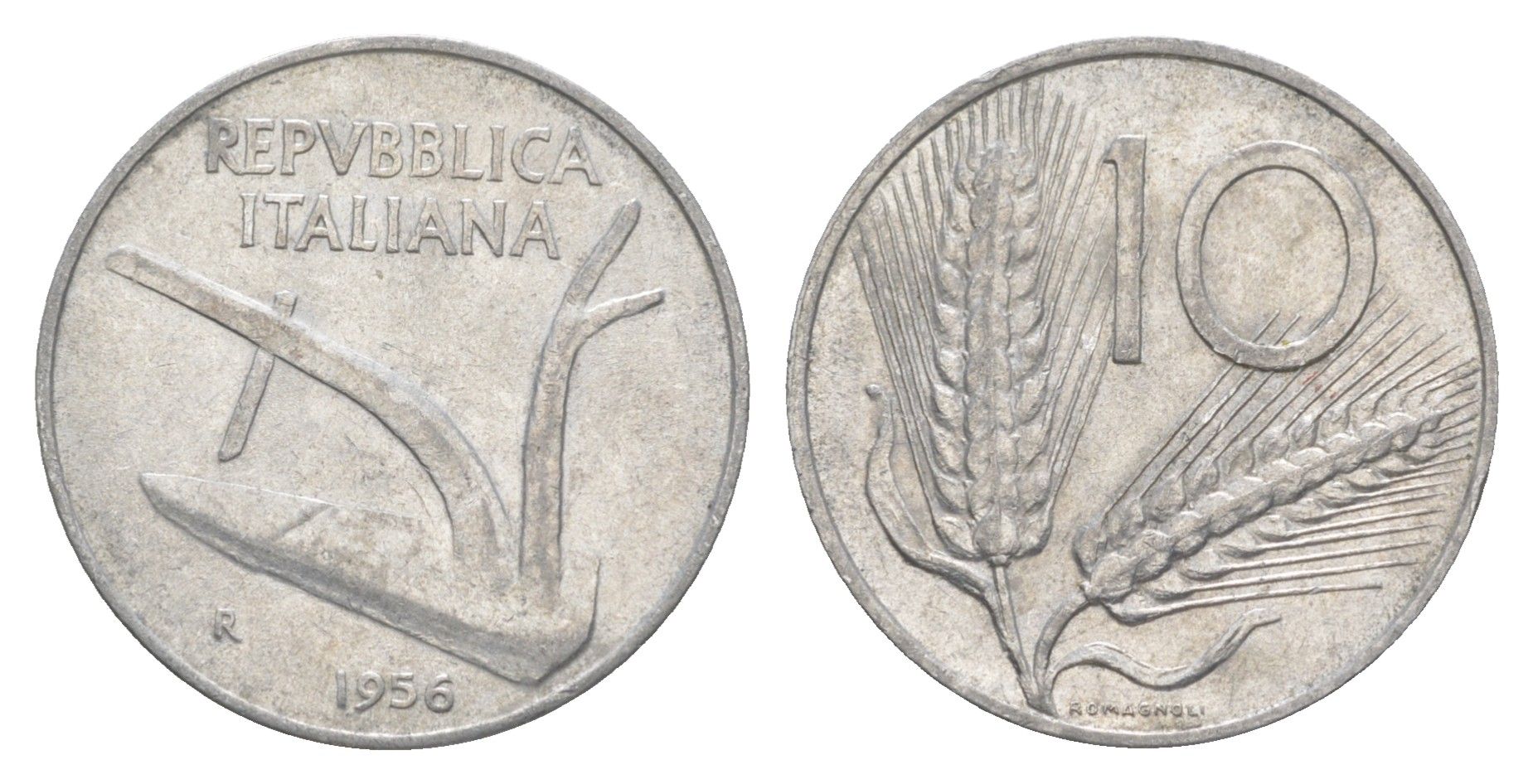 Италия 10 лир 1956 R, плуг, колосья KM 93 алюминий 4551-751