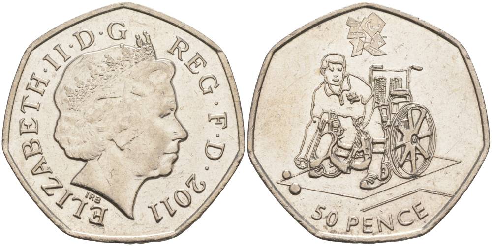 Великобритания 50 пенсов 2011 XIV летние Паралимпийские игры в Лондоне в 2012 году, бочче, Елизавета II (1952-2022) KM 1189, Spink LO15 медно-никель 00-00