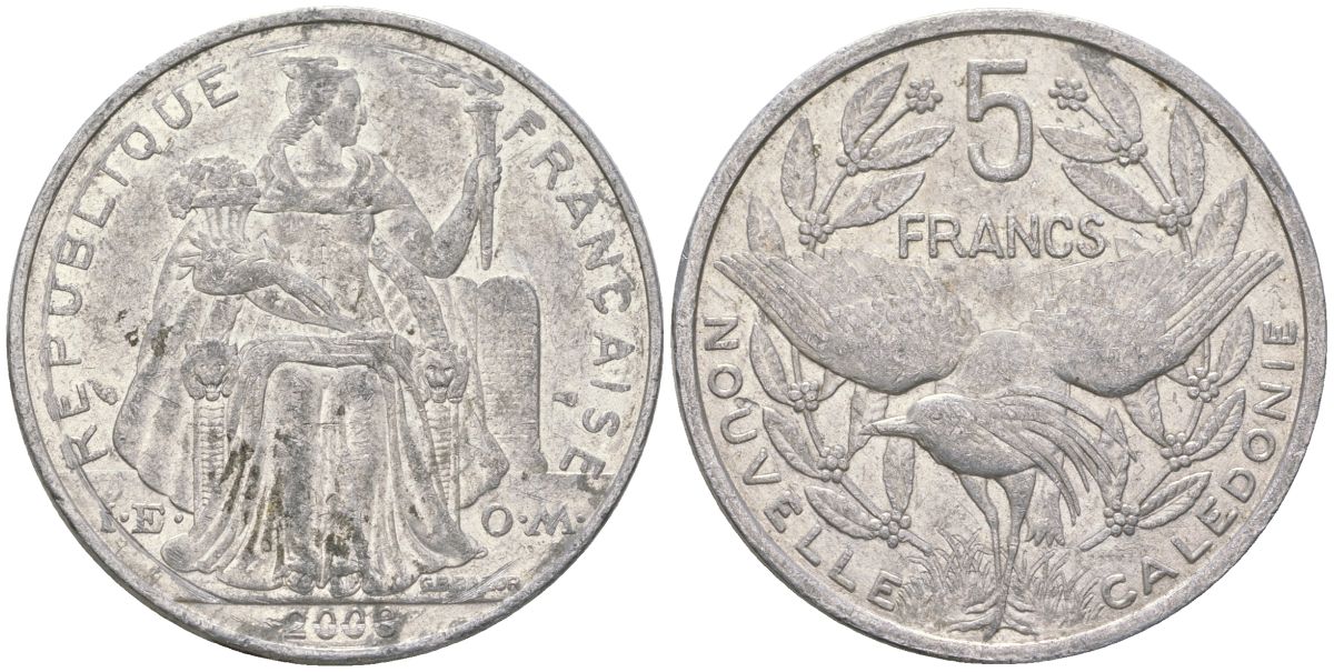 Французская Новая Каледония 5 франков 2008 птица кагу, (IEOM) KM 16, Schoen 12, Lec 81k алюминий 215-514