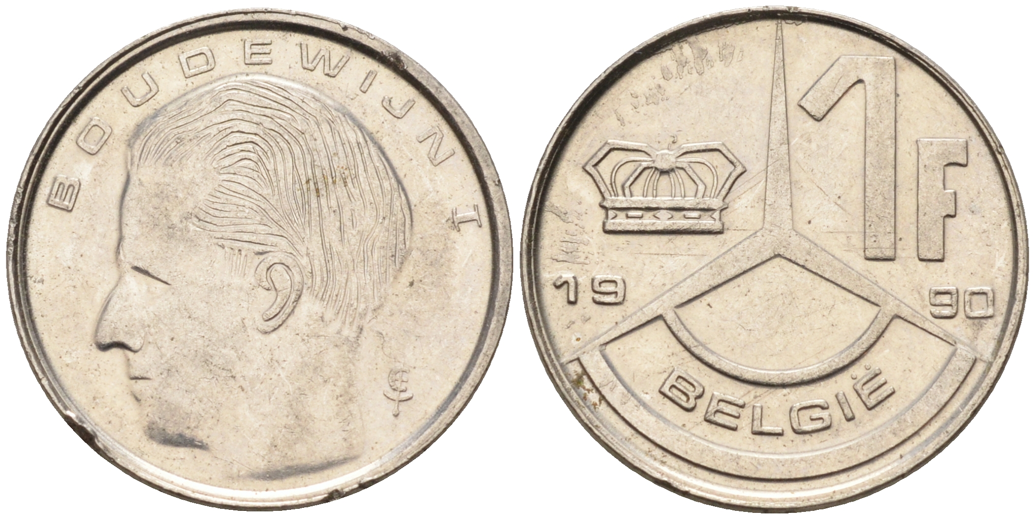 Бельгия 1 франк 1990 Belgie, Бодуэн I (1951-1993) KM 171 нержавеющая сталь 4594-651