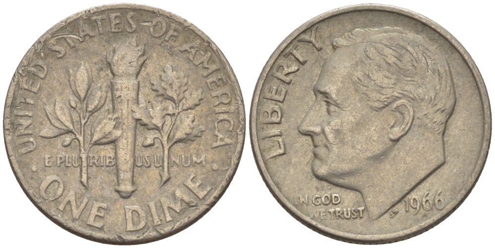 США 10 ЦЕНТОВ = 1 ДАЙМ 1966 РУЗВЕЛЬТ KM 195а медь плакированная медно-никелем 66-1114