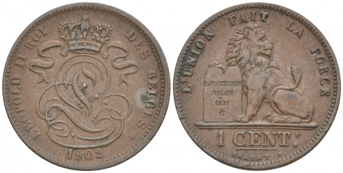 БЕЛЬГИЯ 1 САНТИМ 1902 BELGES KM 33.1 медь 4549-967