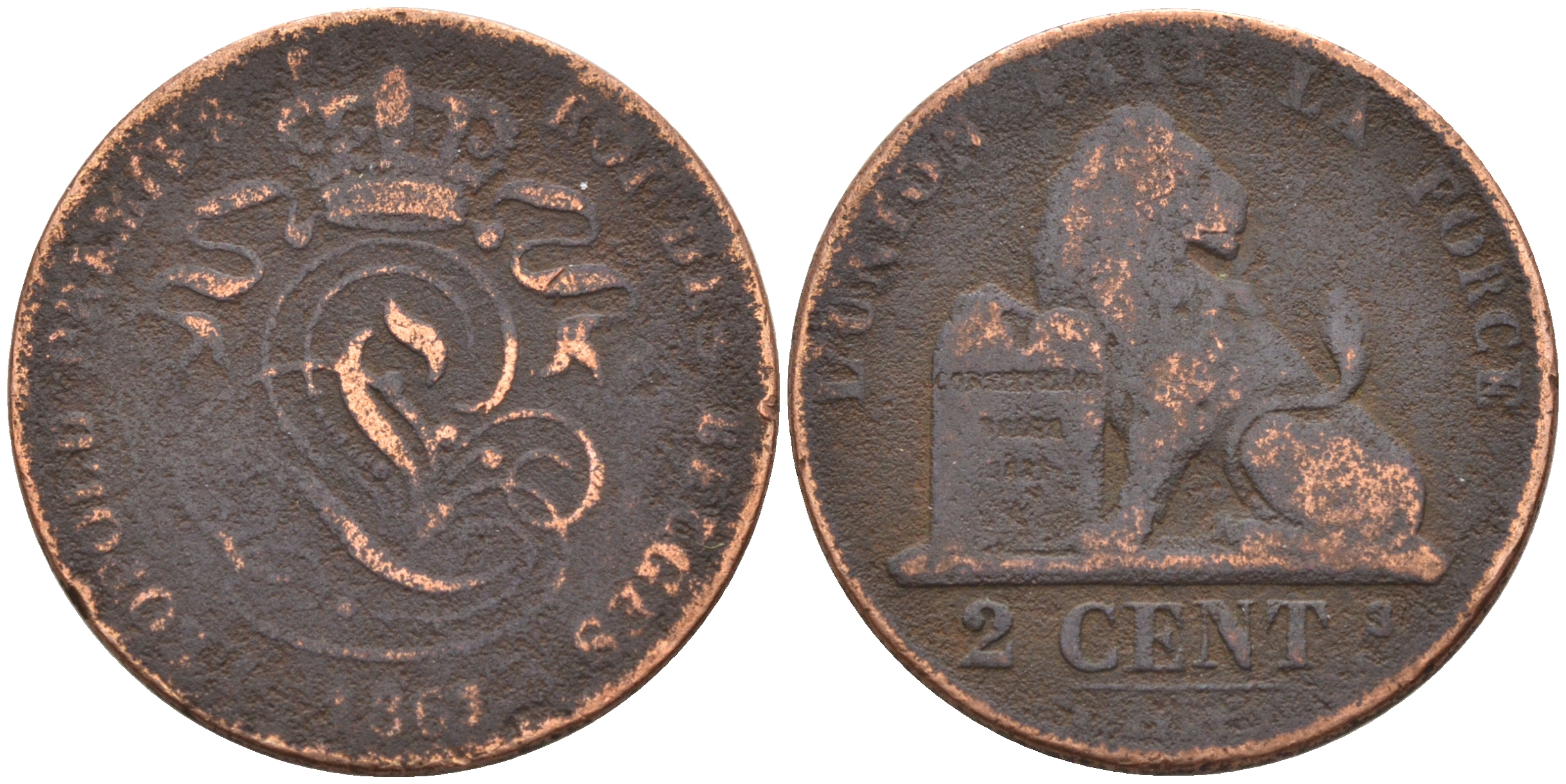 Бельгия 2 сантима 1861 Belges KM 4.2 медь 4595-155