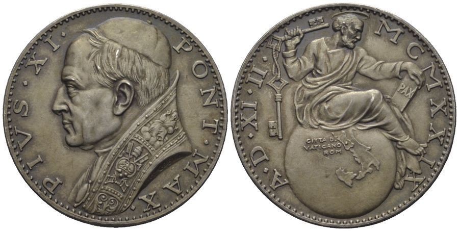 Германия медаль 1929 Пий XI, подписание Латеранских соглашений между Святым Престолом и Италией, 36,08 мм, 19,91 гр Kienast 420 серебро UNC 00-801-02