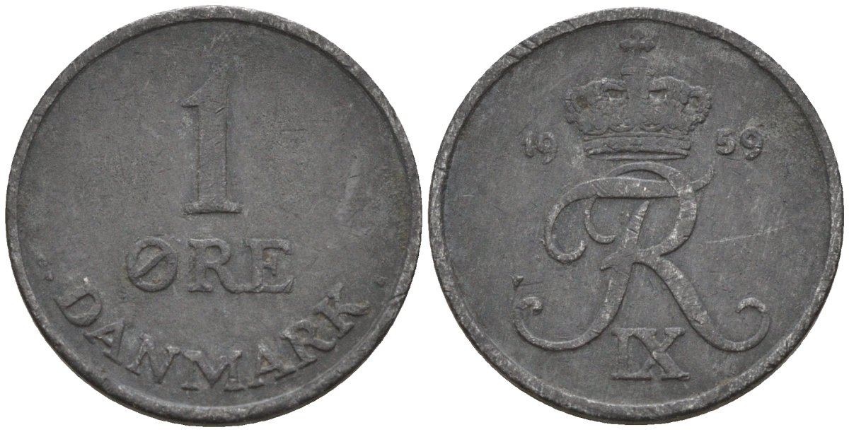 Дания 1 эре 1959 C;S, Фредерик IX (1947-1972) KM 839.2 цинк 4596-523
