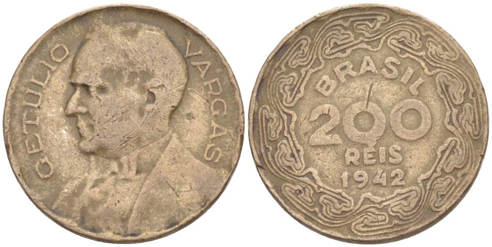 БРАЗИЛИЯ 200 РЕЙС 1942 ЖЕТУЛИО ВАРГАС KM 545 медно-никель 4528-151
