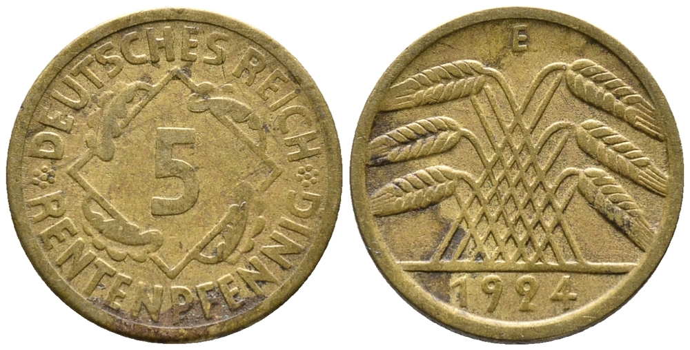 ГЕРМАНИЯ 5 РЕНТЕНПФЕННИГОВ 1924 E KM 32, J. 308 алюминиевая бронза 39-522