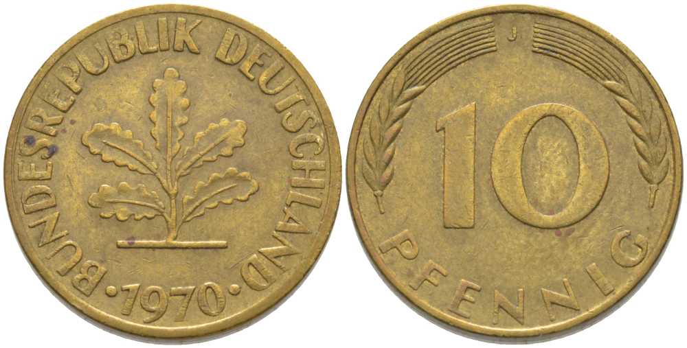 ФРГ 10 ПФЕННИГОВ 1970 J KM 108, J. 383 сталь плакированная латунью 175-742