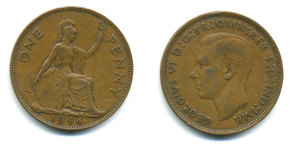 Великобритания 1 пенни 1944 Георг VI (1936-1952) KM 845, Spink 4114 бронза 540-641