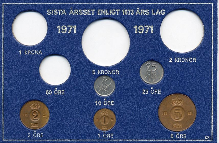 Швеция 1, 2, 5, 10, 25 эре 1971 Густав VI Адольф (1950-1973) в картоне набора монетного двора UNC 7-5-7-254