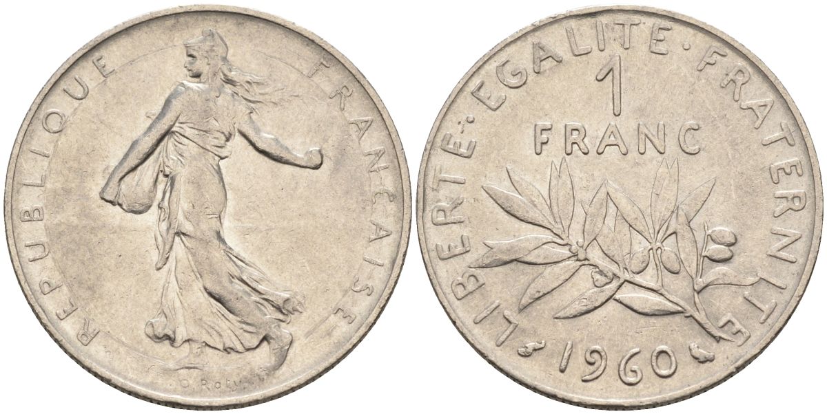 Франция 1 франк 1960 сеятель, тип Semeuse KM 925, Le Franc 226.5 никель 4592-1051