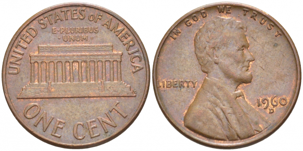 США 1 цент 1960 D, Линкольн, LARGE DATE KM 201 медь цинк 3309-225