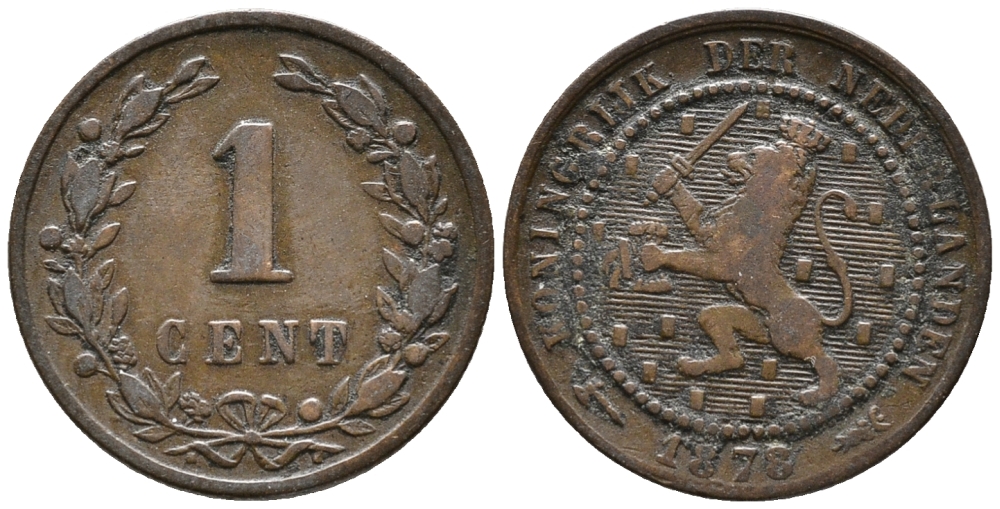 Нидерланды 1 цент 1878 Виллем III (1849-1890) KM 107 бронза 100-1244