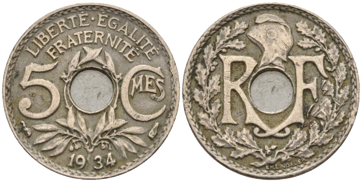 Франция 5 сантимов 1934 KM 875 медно-никель 4596-622