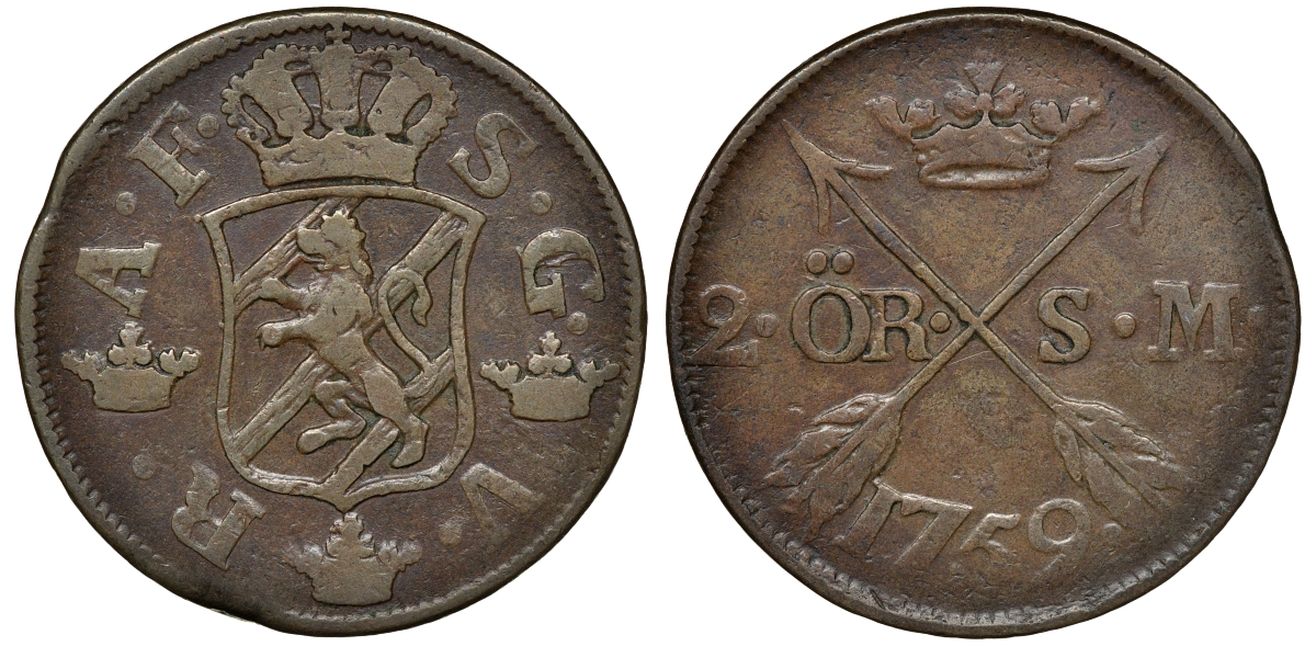 Швеция 2 эре 1759 S.M. диаметр 34 мм, вес 28,3 гр KM 461 медь 4179-321
